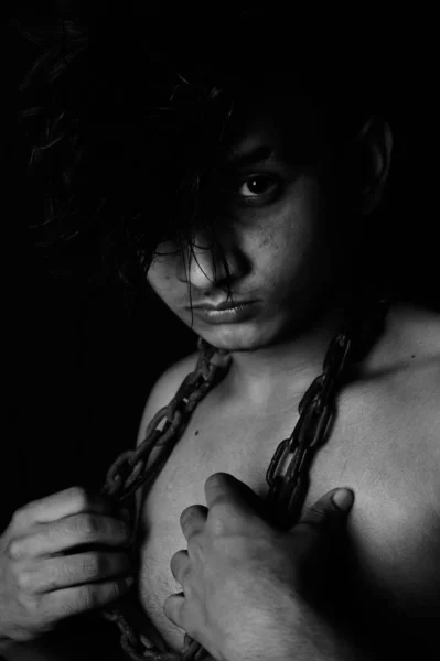 Grayscale Portrait Naked Asian Man Metal Chain His Neck — Stock Photo, Image