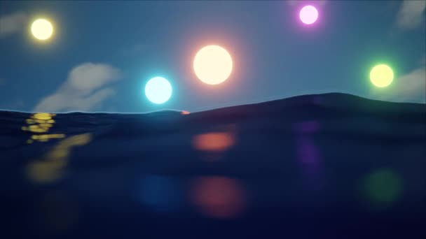 Tillfredsställande Renderade Cgi Bilder Färgglada Bokeh Ljus Reflekteras Viftande Vattenytan — Stockvideo