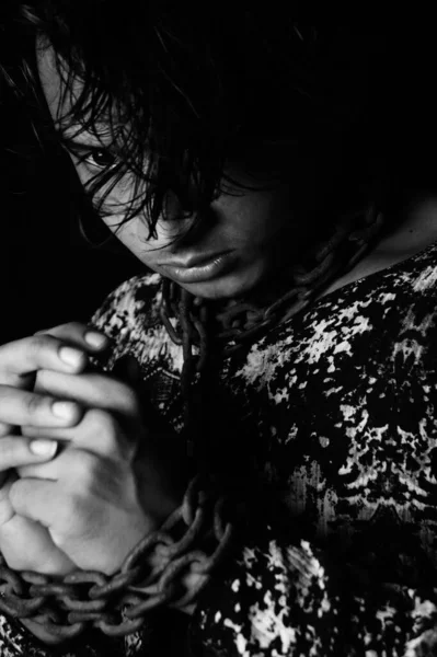 Vertical Portrait Young Asian Man Metal Chain His Neck Hands — Stock Photo, Image