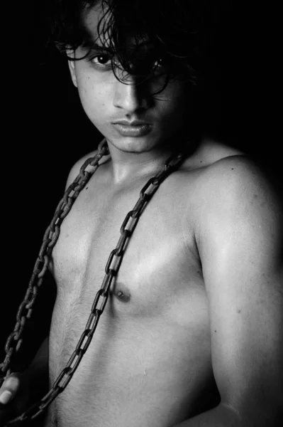 Vertical Shot Shirtless Asian Man Metal Chain His Neck Grayscale — Stock Photo, Image