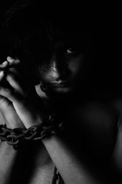 Grayscale Shot Naked Asian Man Metal Chain His Neck Hands — Stock Photo, Image