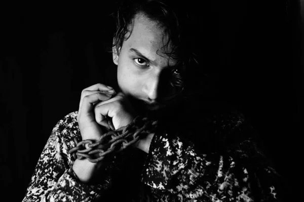 Portrait Young Asian Man Metal Chain His Hands — ストック写真