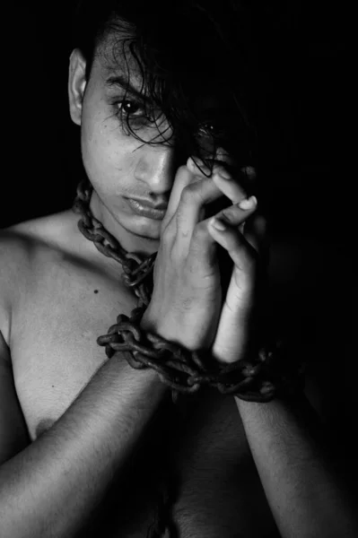 Grayscale Shot Naked Asian Man Metal Chain His Neck Hands — Stock Photo, Image