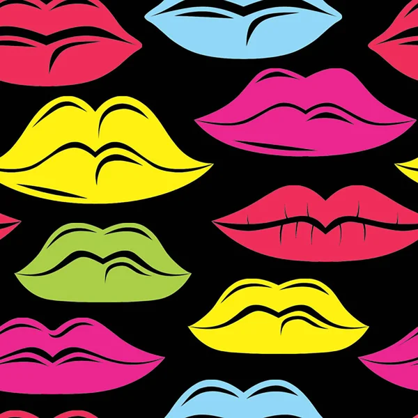 Seamless Pattern Lips Various Colors Shapes Isolated Black Background — Stock Photo, Image