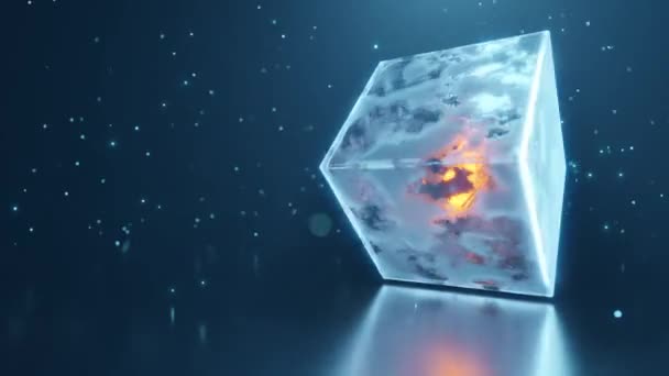 Animation Rotating Tesseract Stone Blue Lights Background — Stock Video