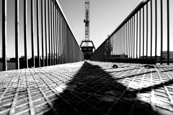 Сірий Знімок Тіней Від Паркану Падає Металевий Міст Веде Високої — стокове фото