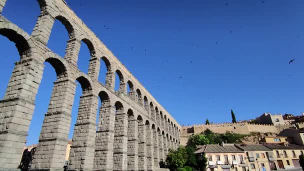 Красивый Пейзаж Птиц Пролетающих Над Римским Акведуком Сеговии Испания — стоковое видео