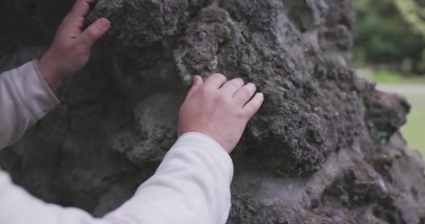 男は岩の表面に触れる — ストック動画