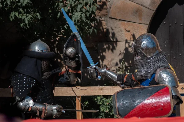 Két Középkori Harcos Csatája Akik Kardokkal Pajzsokkal Harcolnak Napfényben — Stock Fotó