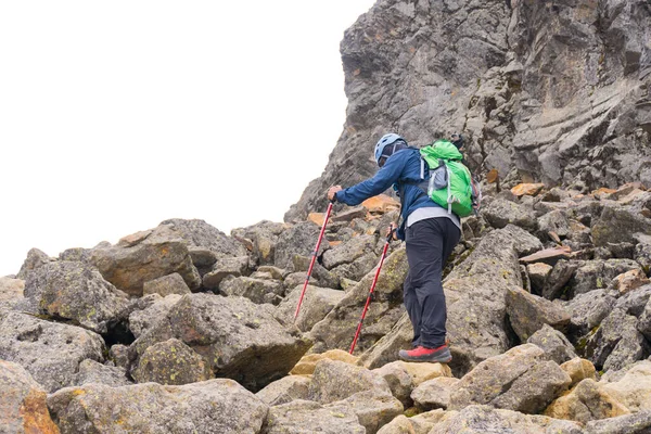 Caminhante Com Uma Mochila Verde Polos Ambulantes Escalando Vulcão Iztaccihuatl — Fotografia de Stock