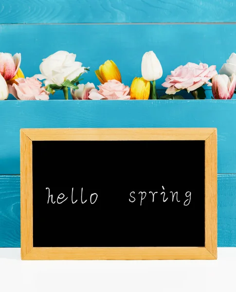 Blackboard Hello Spring Text Full Different Flowers Big Wooden Pot — Stock Photo, Image