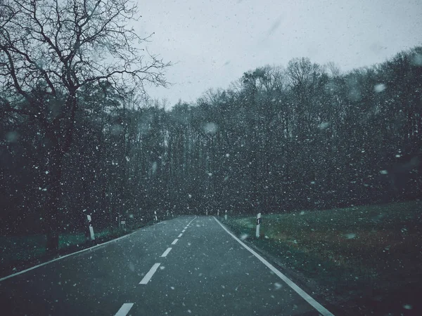 Une Route Étroite Travers Une Forêt Dense Sombre Nuit — Photo