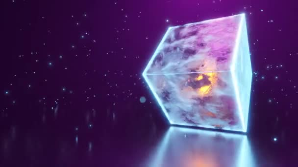 Rendering Rotating Tesseract Stone Purple Lights Background — Stock Video