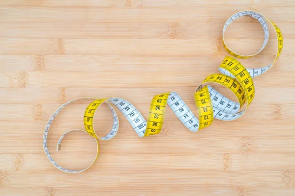 Top View Measuring Tape Wooden Cutting Board — Stock Photo, Image