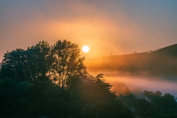 Ein Atemberaubender Blick Auf Den Nebligen Sonnenaufgang Über Dem Feld — Stockfoto