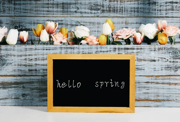 Blackboard Hello Spring Text Full Different Flowers Big Wooden Pot — Stock Photo, Image