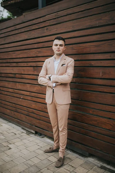 Vertical Shot Young Handsome Caucasian Male Wearing Nice Elegant Suit — ストック写真