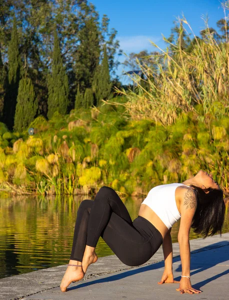 Plano Vertical Una Morena Hispana Practicando Yoga Por Mañana Parque —  Fotos de Stock