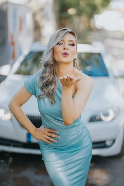 Young Caucasian Female Wearing Elegant Blue Dress Posing — ストック写真