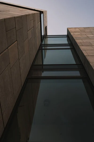 Camdan Duvarı Olan Modern Bir Binanın Alçak Açılı Görüntüsü — Stok fotoğraf