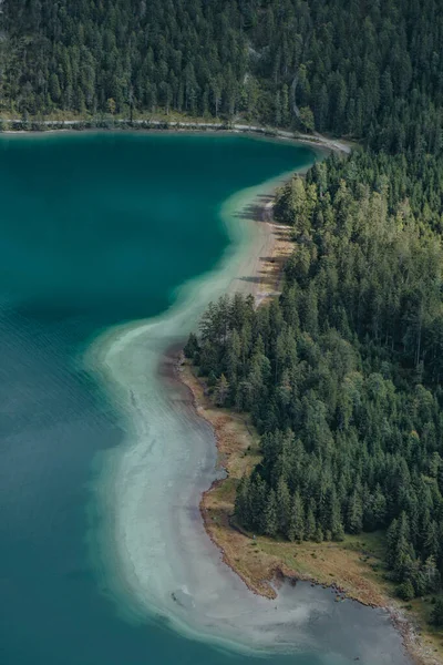 Una Vista Aérea Denso Bosque Coníferas Junto Lago Pintoresco — Foto de Stock