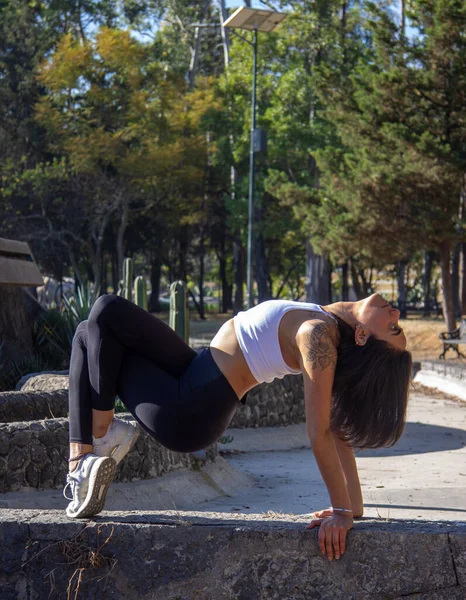 Plano Vertical Una Morena Hispana Practicando Yoga Por Mañana Parque — Foto de Stock