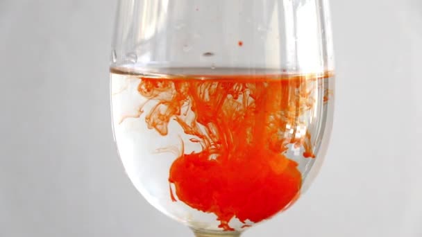コップの水に美しく溶け込む赤いインクの滴のクローズアップビュー — ストック動画