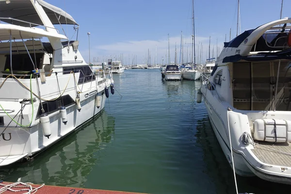 在Torrevieja International Marina平静的一天 小船停泊在清澈的天空下的水里 — 图库照片