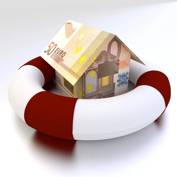 在环状浮标 房地产概念中 用金钱绘制房屋形状的3D图像 — 图库照片