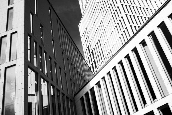 Egy Szürke Hollandi Szögletű Felvétel Fényes Fehér Modern Épületekről Napfénnyel — Stock Fotó