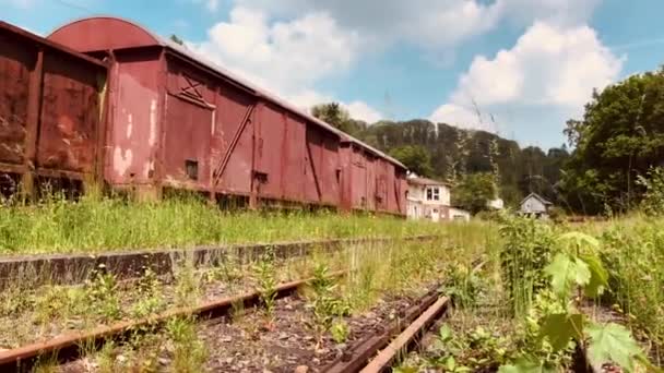 Stary Opuszczony Zardzewiały Przewóz Kolejowy Pobliżu Torów Kolejowych Ciągu Dnia — Wideo stockowe