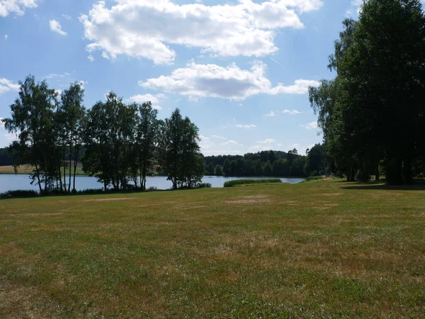 Una Vista Del Río Rodeado Hierba Árboles Campos Día Soleado —  Fotos de Stock