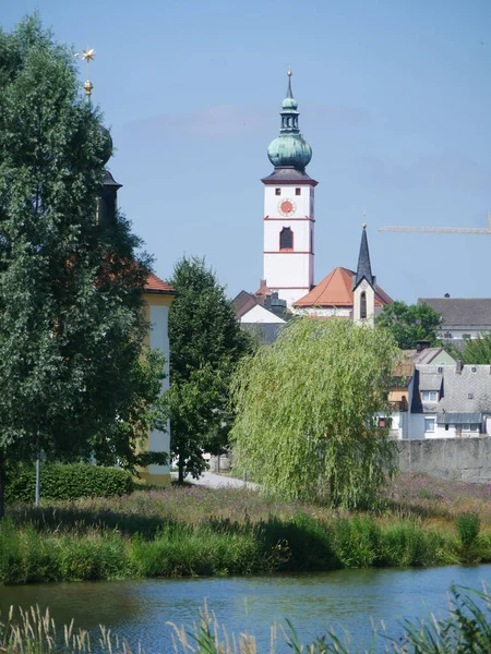 Piękny Widok Rzekę Otoczony Domami Polami Słoneczny Dzień — Zdjęcie stockowe