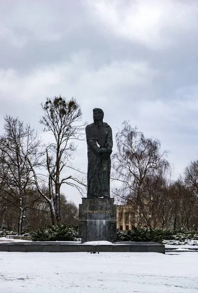 Poznan Polen Jan 2018 Adam Mickiewicz Sculptuur Een Koude Winterdag — Stockfoto