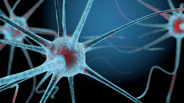 Uma Renderização Neurônios Vermelho Brancos Com Dendritos Fundo Gradiente Azul — Fotografia de Stock