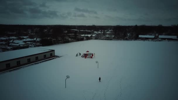 Tiro Aéreo Uma Pessoa Correndo Campo Nevado — Vídeo de Stock