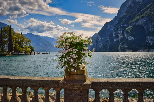 Riva Del Garda Şehrinin Manzara Fotoğrafı Gezinti Güvertesi Park Göl — Stok fotoğraf