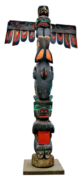 Pintado Totem Pólo Riqueza Centro Duncan British Columbia Isolado Branco — Fotografia de Stock