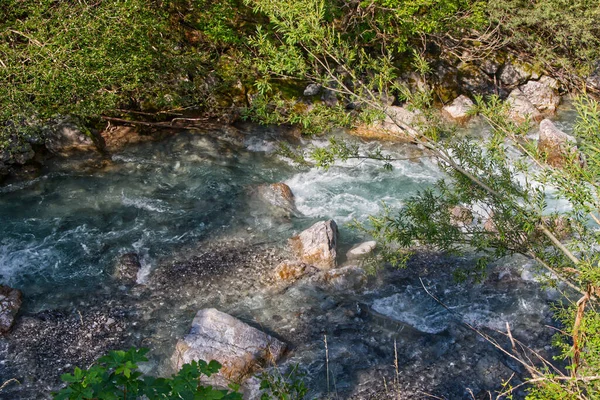 Uma Bela Vista Água Que Flui Sobre Pedras Plantas Cachoeira — Fotografia de Stock
