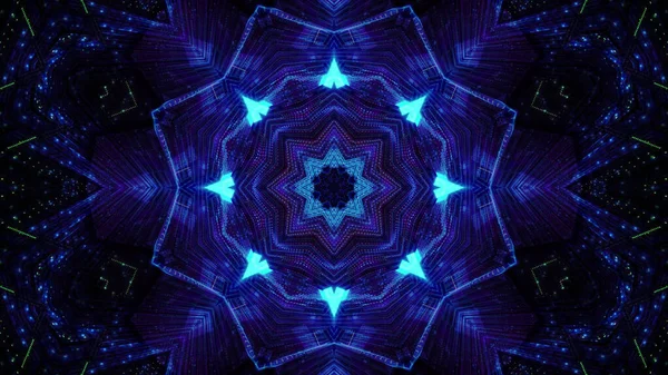 Ilustrace Zářící Zářivě Modré Kaleidoskopické Vzory Černočerné Pozadí — Stock fotografie