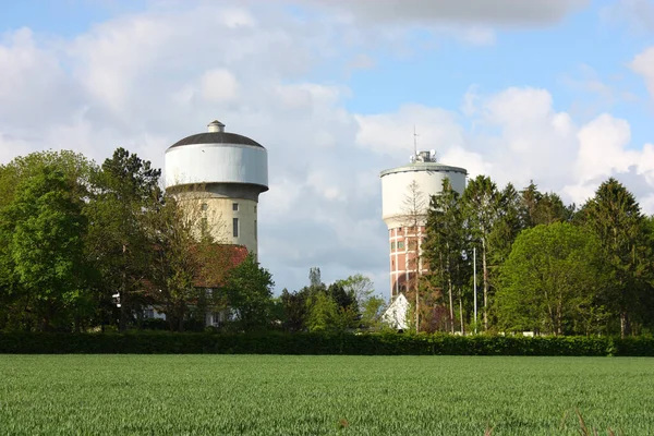 Ett Vackert Grönt Landskap Med Två Byggnader Molnig Himmel Bakgrund — Stockfoto