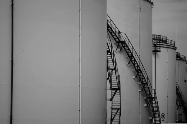 Eine Graustufenaufnahme Von Leitern Auf Einer Fabrik Tageslicht — Stockfoto