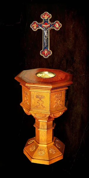 Lose Wood Baptismal Font Trinitarian Cross Digitally Manipulated Antiqued Looking — Stock Photo, Image