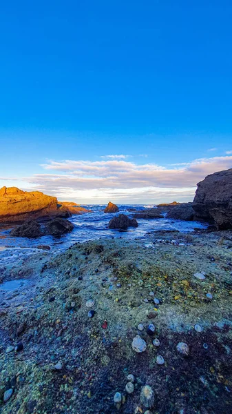 Kayalık Bir Sahil Güzel Bir Silueti Olan Deniz Manzarası — Stok fotoğraf