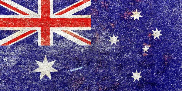 在锈迹斑斑的铁墙背景上的一个发牢骚的澳大利亚国旗图案 褪色了的旧荣耀概念 装饰用的纹理墙纸 — 图库照片