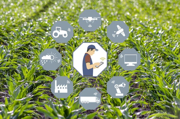 Znak Nowoczesnych Technologii Rolniczych Zielonym Tle Trawiastym — Zdjęcie stockowe