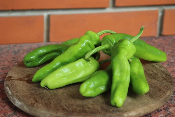 Closeup Shot Friarelli Peppers Wooden Board — Stock Photo, Image