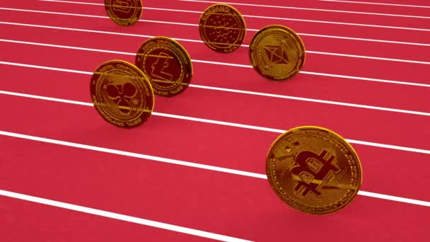 Bitcoin Monedas Sobre Fondo Rojo — Vídeos de Stock