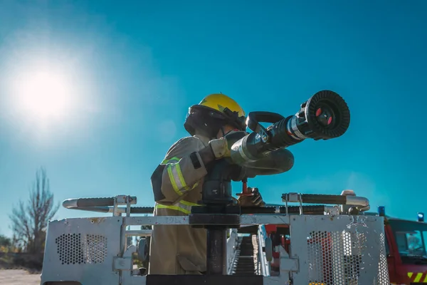 Firefighter Ladder Next Lance Ready Launch Pressurized Water — Stock Photo, Image