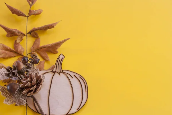 Una Calabaza Madera Hojas Secas Conos Sobre Fondo Amarillo — Foto de Stock